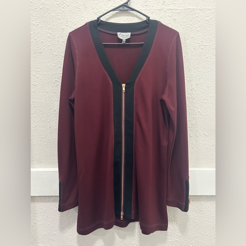 Lynn Ritchie Silver Burgundy Full Zip Tunic Top Size Small